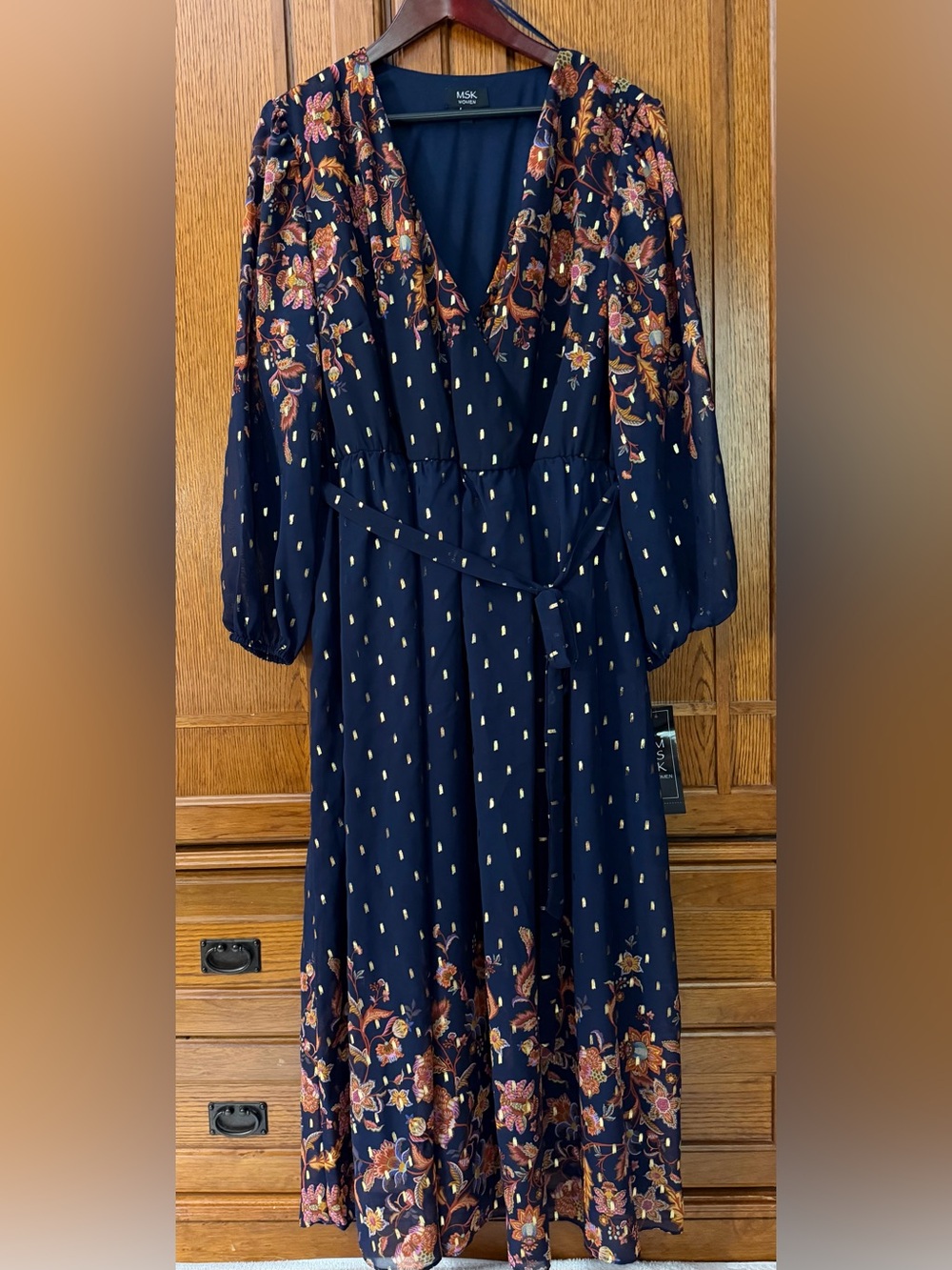 NWT MSK Floral Wrap Belted Maxi Dress Gold Foil Dots Boho Wedding Guest Chiffon